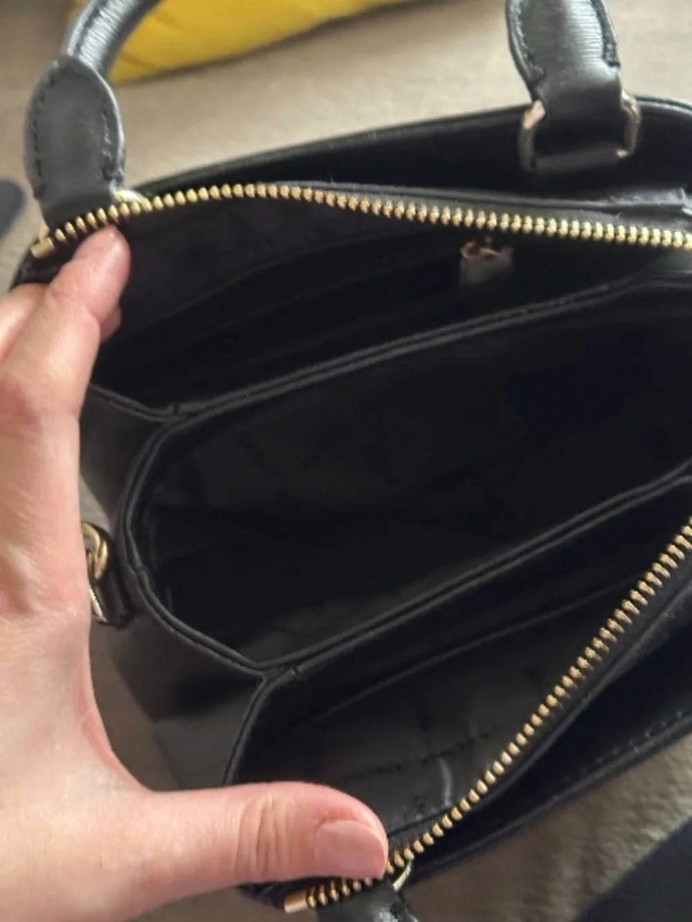 DKNY Black Leather Satchel with Logo Charm Accent